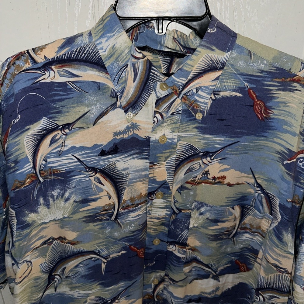 Nautica Hawaiian Marlin Fish Themed Men's, Sz L, Short Slv Shirt, Button Down